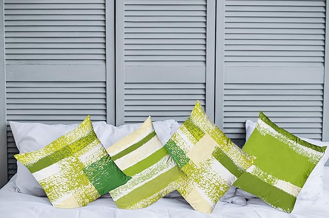 Ambesonne Grunge Throw Pillow Cushion Case Pack of 4, Abstract Design Simplistic Minimal Stripes Brushstrokes Contemporary, Modern Accent Double-Sided Digital Printing, 16", Lime Green Cream and White
