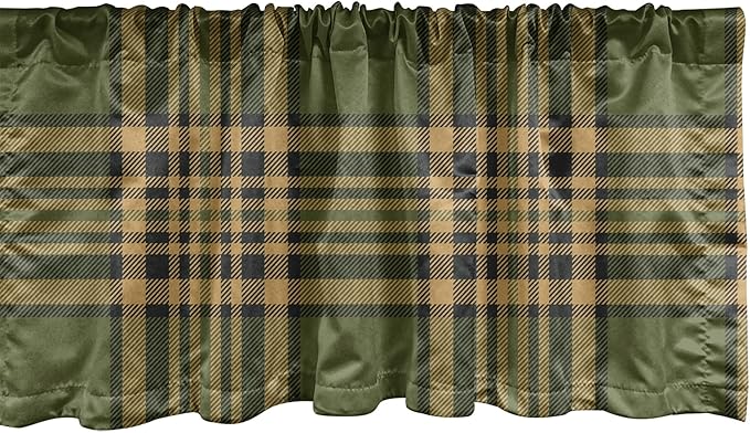 Lunarable Plaid Window Valance Pack of 2, Tartan Pattern in Autumn Tones Old Fashioned Design Country Illustration, Rod Pocket Curtain Valances for Kitchen Bedroom, 54" X 12", Olive Green