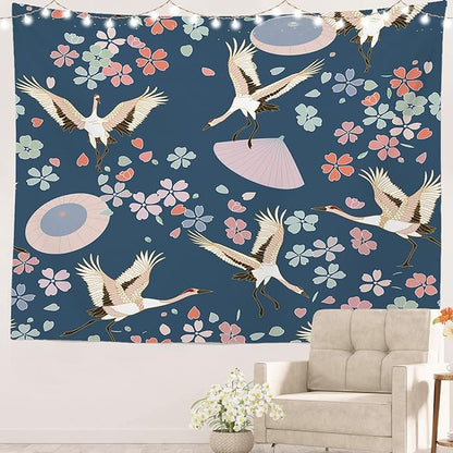 Batmerry Navy Blue Japanese Cherry Tapestry, Oriental Wall Art Hanging Decoration Polyester Fiber White Ruffled Around for Dorm Room Bedroom Living Room, 59.1x82.7 inches