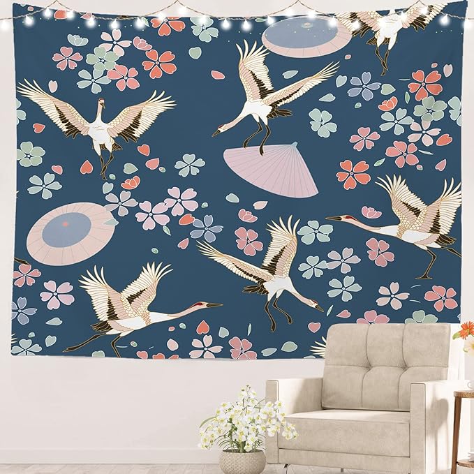 Batmerry Navy Blue Japanese Cherry Tapestry,Oriental Wall Art Hanging Decoration Polyester Fiber White Ruffled Around for Dorm Room Bedroom Living Room, 51.2x59.1 inches