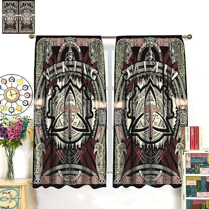 Viking Curtains Nordic Mythology Rune Weapon Antique Viking Pirate Crow Art Pattern Printed Curtains Bedroom Living Room Decoration Blackout Curtains W42 * L63 Inch