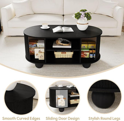 Rectangle Coffee Table, Fluted Coffee Tables for Living Room, Mid-Century Coffee Table Center Table with Storage & Sliding Doors for Apartment, Home Office (Black)