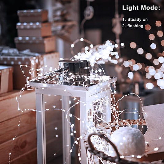 2 Pack Christmas Fairy Lights Battery Operated, 16.4Ft 50 LEDs Silver Copper Wire Twinkle Lights with 2 Lighting Modes for Christmas Bedroom Indoor Outdoor Wedding Holiday Decor(Cool White)
