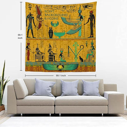 Batmerry Yellow Ancient Egyptian Tapestry, Horus Wall Art Hanging Decoration Polyester Fiber White Ruffled Around for Dorm Room Bedroom Living Room, 59.1x59.1 inches
