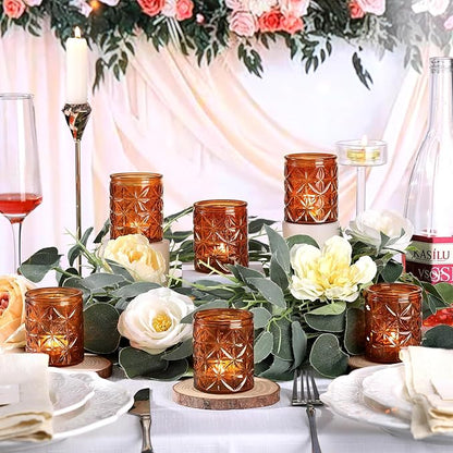 24Pcs Vintage Amber Votive Candle Holders, Amber Glass Tea Lights Candle Holder for Wedding Table Centerpiece,Vintage Boho Party Home Fall Decor,Thanksgiving and Christmas