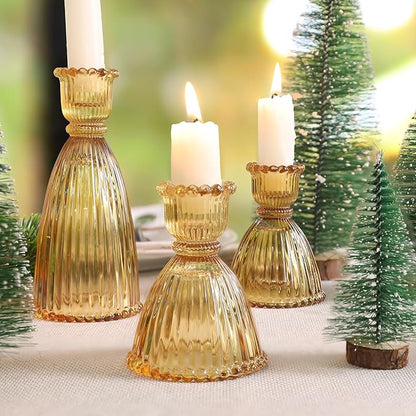 6 Pcs Amber Glass Candlestick Holders (3.5"/6", Assorted)- Tall Taper Candle Holders with Vintage Design, Candle Stick Holders in Bulk for Fall Party Decor, Amber Candle Holder for Tapered Candles