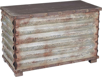 Household Essentials Decorative Trunk, Rustic, Small, Wood Frame and Metal Siding, Spacious and Handmade, Fully Opening Lid, Black Interior, Driftwood and Silver