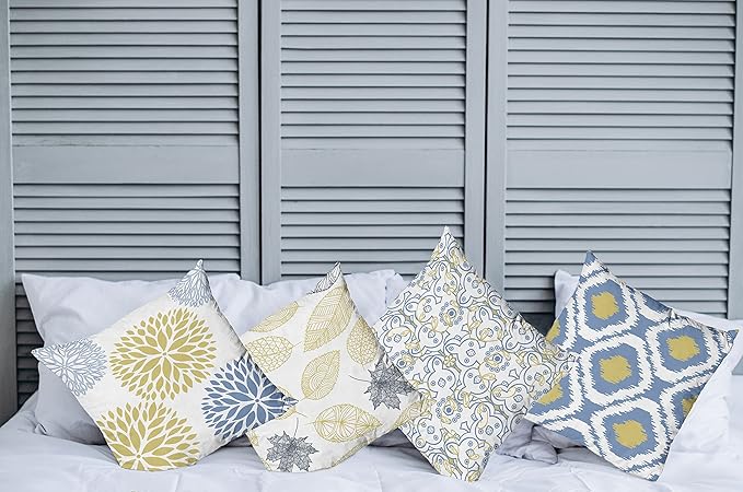 Ambesonne Vintage Throw Pillow Cushion Case Pack of 4, Double-Sided Bohemian Leaves Dahlia Pattern Geometric Art Curlicue, Motif for Modern Home Accent Digital Printing, 20", Mustard Dark Ceil Blue