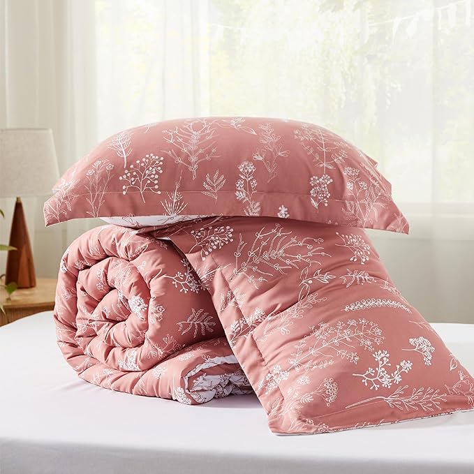 Bedsure Twin/Twin XL Comforter Set - Grayish Pink Bed Set, 2 Pieces Cute Floral Bedding, 1 Soft Reversible Botanical Flowers Comforter and 1 Pillow Sham