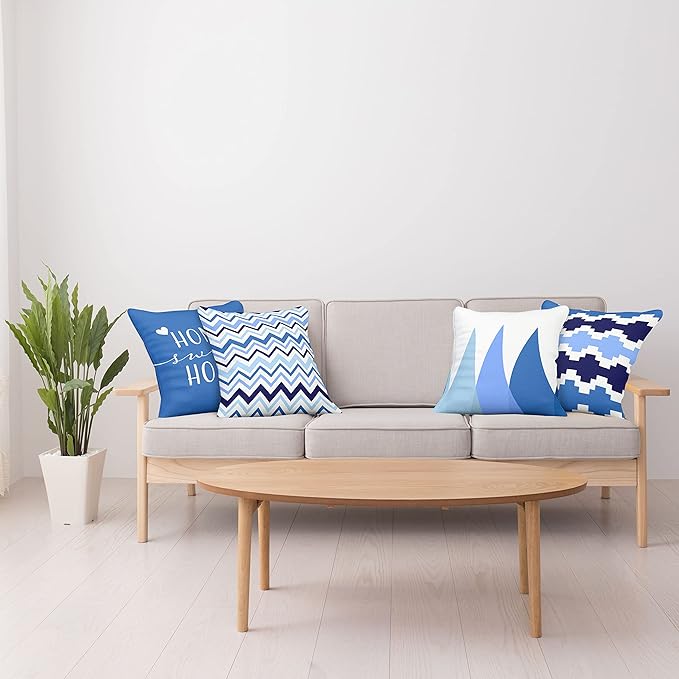 Ambesonne Modern Throw Pillow Cushion Case Pack of 4, Geometric Style Pattern of Triangles Zigzags Love Home Phrase Print, Modern Accent Double-Sided Digital Printing, 20", Azure Blue Indigo and White