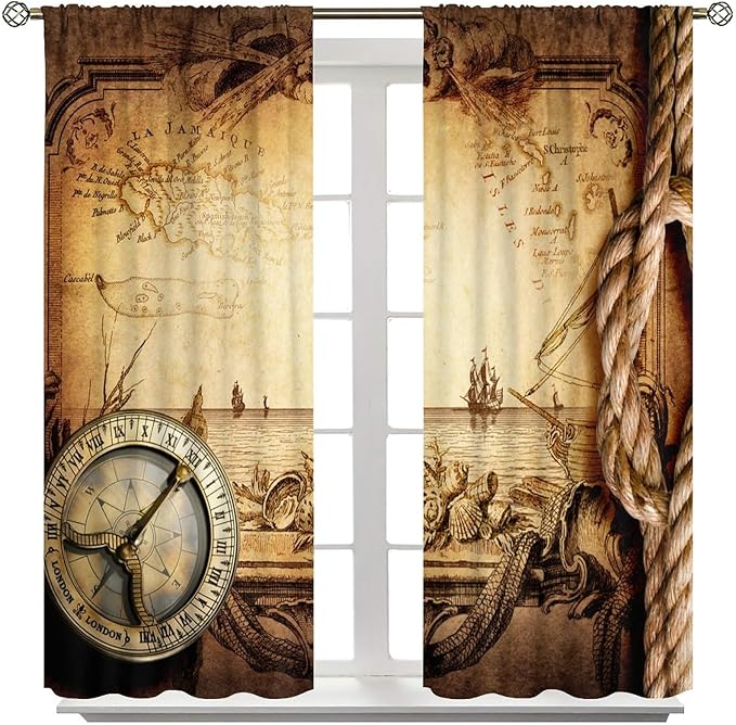Pirate Map Curtains, Nautical Theme Old Ancient Treasure Map Secret Sea History Pattern Blackout Window Drapes for Kids Boys Bedroom Living Room 42x45 Inch