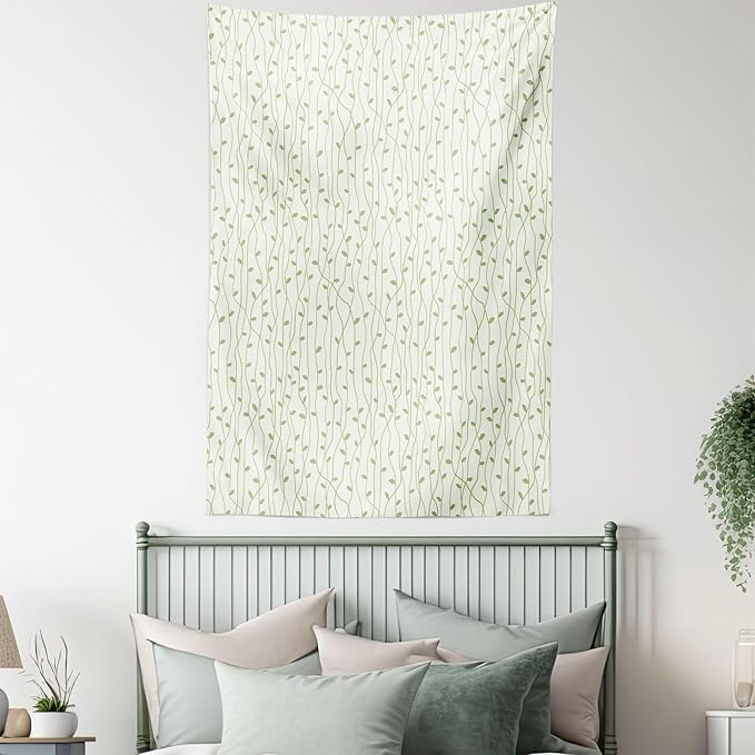 Lunarable Green and Beige Tapestry Twin Size, Green Leaves on Skinny Tangled Sprigs Fresh Nature Theme Foliage, Wall Hanging Bedspread Bed Cover Wall Decor, Twin Size, Pistachio Green