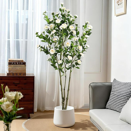 Faux Camellia Flower Tree 7ft(82in) Artificial Floor Plant for Indoor Decor Realistic Greenery Potted Tree with White Blooming Flowers and Natural Wood Trunk for Home Living Room,Office,Porch Decor