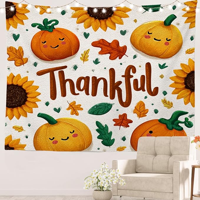 Batmerry Thankful Fall Pumpkins Tapestry, Happy Pumpkins Sunflowers Maple Leaves Wall Art Hanging Decoration Polyester Fiber White Ruffled Around for Dorm Room Bedroom Living Room, 59.1x82.7 inches