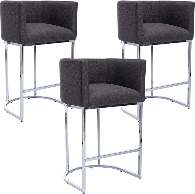 Modern Counter Height Linen Upholstered Bar Stools Set of 3, 29" Kitchen Counter Island Stools Bar Chairs with Chrome Finish Metal Frame for Kitchen Island, Charcoal