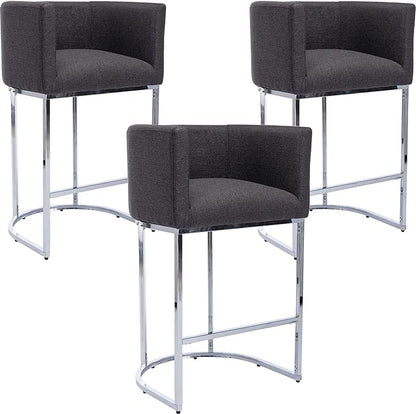 Modern Counter Height Linen Upholstered Bar Stools Set of 3, 29" Kitchen Counter Island Stools Bar Chairs with Chrome Finish Metal Frame for Kitchen Island, Charcoal