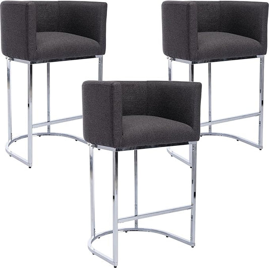 Modern Counter Height Linen Upholstered Bar Stools Set of 3, 29" Kitchen Counter Island Stools Bar Chairs with Chrome Finish Metal Frame for Kitchen Island, Charcoal