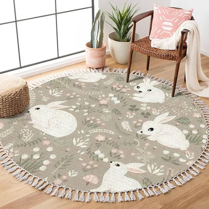 Round Rugs Forest Rabbits Floral Elements Cute Hand Drawn Rabbit Boho Area Rug Linen and Cotton Carpet Meditation Rug
