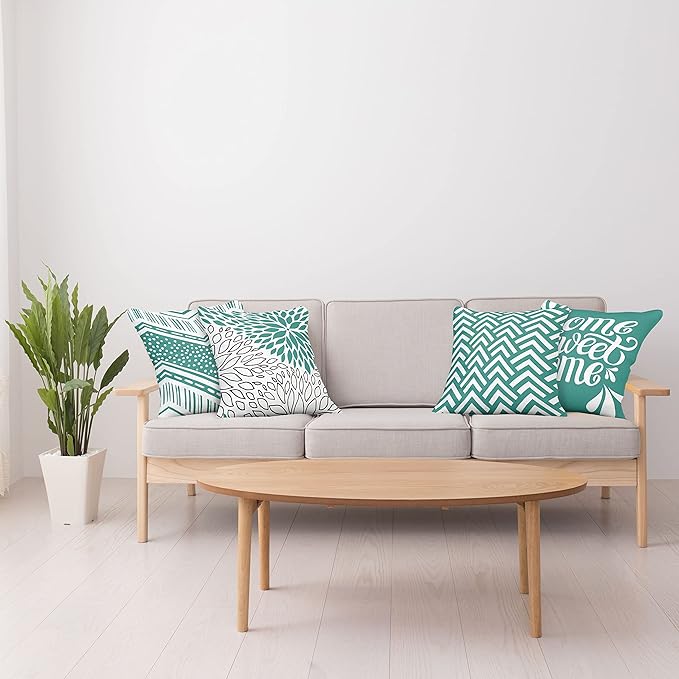 Ambesonne Geometric Throw Pillow Cushion Case Pack of 4, Home Phrase Minimal Zigzag Squama Dahlia Flower Petals Chevron Tribal, Modern Accent Double-Sided Digital Printing, 18", Dark Seafoam and White