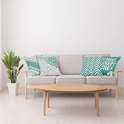Ambesonne Geometric Throw Pillow Cushion Case Pack of 4, Home Phrase Minimal Zigzag Squama Dahlia Flower Petals Chevron Tribal, Modern Accent Double-Sided Digital Printing, 18", Dark Seafoam and White