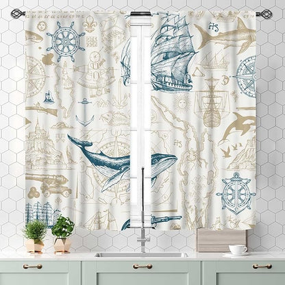 Vintage Nautical Curtains, Marine Coastal Sailboat Compass Anchor Ocean Beach Whale Old Pirate Map Decorative Drapes for Bedroom Living Room Kitchen Bathroom Window 2 Panels Set, 55x39 Inch