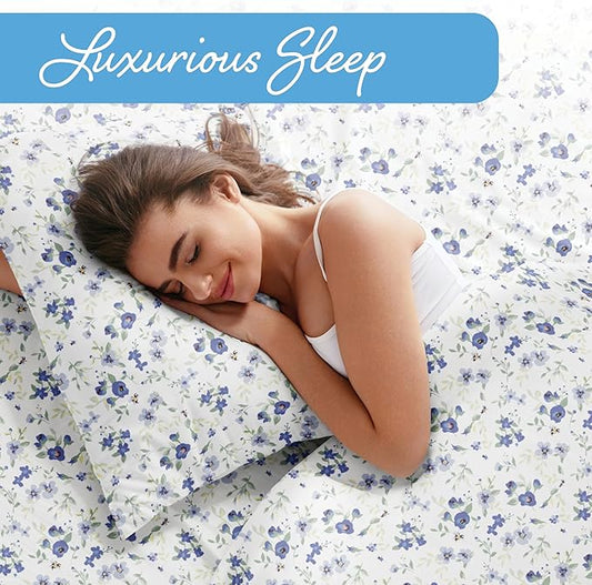 Linen Market 4 Piece Queen Sheet Set - Breathable, Double-Brushed Patterned Cooling Sheets – Oeko-TEX Certified Ultra Soft & Wrinkle-Free 16" Deep-Pocket Queen Sheets - Easy Care Blossoms Light Blue