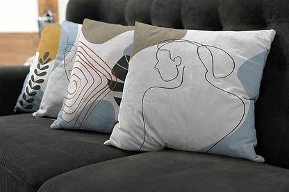 Ambesonne Minimal Throw Pillow Cushion Case Pack of 4, Modern Line Art Woman Portrait with Contemporary Leafy Geometric Details, Modern Accent Double-Sided Digital Printing, 16", Baby Blue Taupe Amber