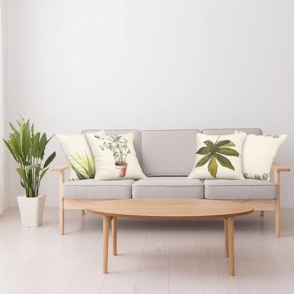 Ambesonne Botanical Throw Pillow Cushion Case Pack of 4, Minimalist Watercolor Painting Leaves Agave Branches Plant in a Pot, Modern Accent Double-Sided Digital Printing, 24", Fawn Pale Green White