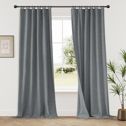 KangBang 2Pcs Blackout Curtains 96 Inches Long for Bedroom Back Tab Curtains Hook Belt Rod Pocket Linen Textured Thermal Greige Gray Drapes Window Treatment Panels for Living Room, 52x96
