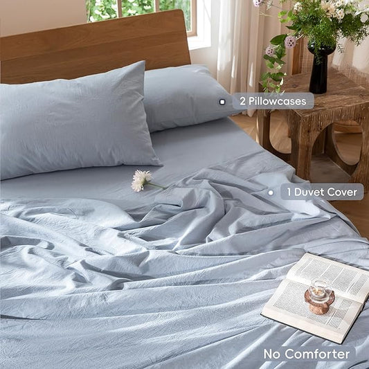 MooMee Bedding Duvet Cover Set 100% Washed Cotton Linen Like Textured Breathable Durable Soft Comfy (Heathered Cornflower Blue, Palatial King/Oversized King 120"x98")