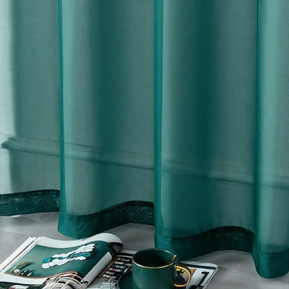 DUALIFE Hunter Green Sheer Curtains 63 Inch Length,Look Semi Sheer Curtain Drapes for Living Room Bedroom Loft Kitchen Bathroom Privacy Voile Window Treatment Panels,52 x 63 Inches,Set of 2