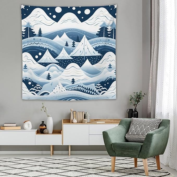 MaSiledy Snow Mountain Scandinavian Winter Tapestries Happy Winter Holiday Wall Art Tapestry for Bedroom Aesthetic Landscape Tapestry Wall Hanging for Bedroom Living Room Dorm Decor 60"x60"