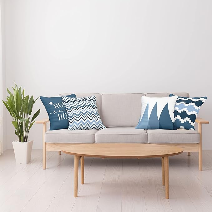 Ambesonne Modern Throw Pillow Cushion Case Pack of 4, Geometric Style Pattern of Triangles Zigzags Love Home Phrase Design, Modern Accent Double-Sided Digital Printing, 20", Petrol Blue and White