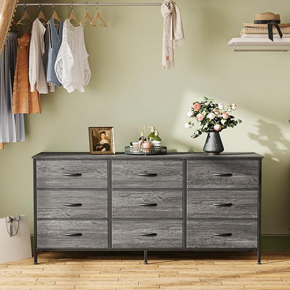 Huuger 9 Drawer Dresser for Bedroom, 47 Inch Dresser TV Stand for 50, 55 Inch TV, Entertainment Center with Drawers, Fabric Drawer with Storage, Closet, Grey