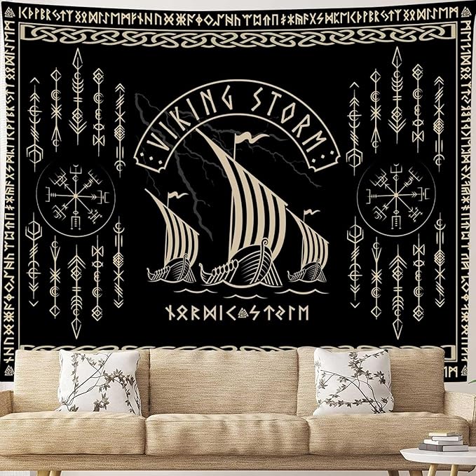 OSUNBD Viking Warship Tapestry Wall Hanging - Large 93x71 inches Storm & Celtic Runes on Soft Flannel Aesthetic Mythology Tapestries Norse Mythology Art for Bedroom, Living Room Decor