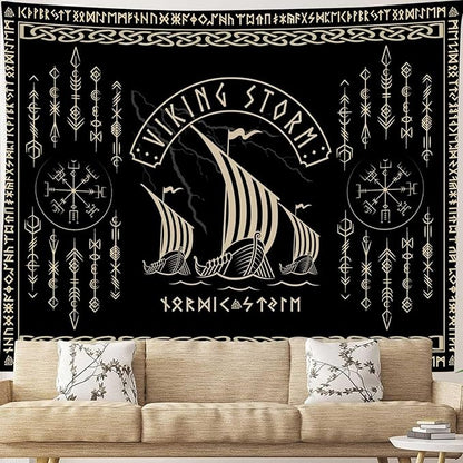 OSUNBD Viking Warship Tapestry Wall Hanging - Small 40x30inches Storm & Celtic Runes on Soft Flannel Aesthetic Mythology Tapestries Norse Mythology Art for Bedroom, Living Room Decor