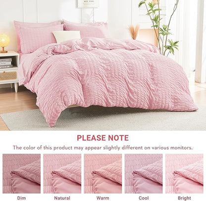 HYMOKEGE Pink Twin XL Comforter Set Seersucker 5 Pieces, All Season Luxury Bed in a Bag for Bedroom, Bedding Set with Comforter, Sheets, Pillowcase & Sham