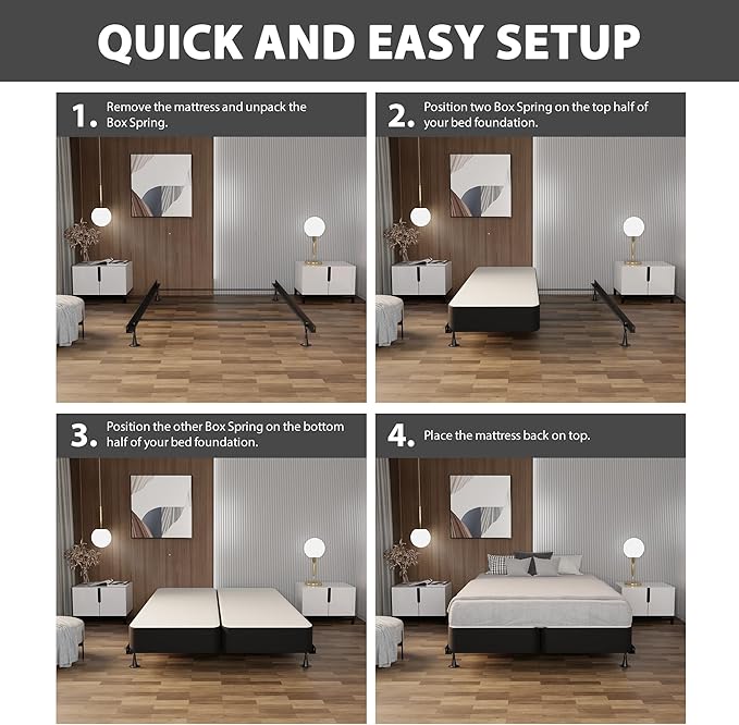 Treaton, 4-Inch Sturdy Wood Box Spring for Mattress Support - Durable and Fully Assembled, Natural Wood Foundation for Queen, Gray