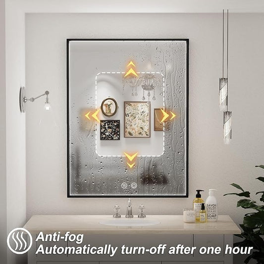 36x28 Inch LED Bathroom Mirror with Light,Black Metal Frame Lighted Vanity Anti Fog Dimmable Touch Switch