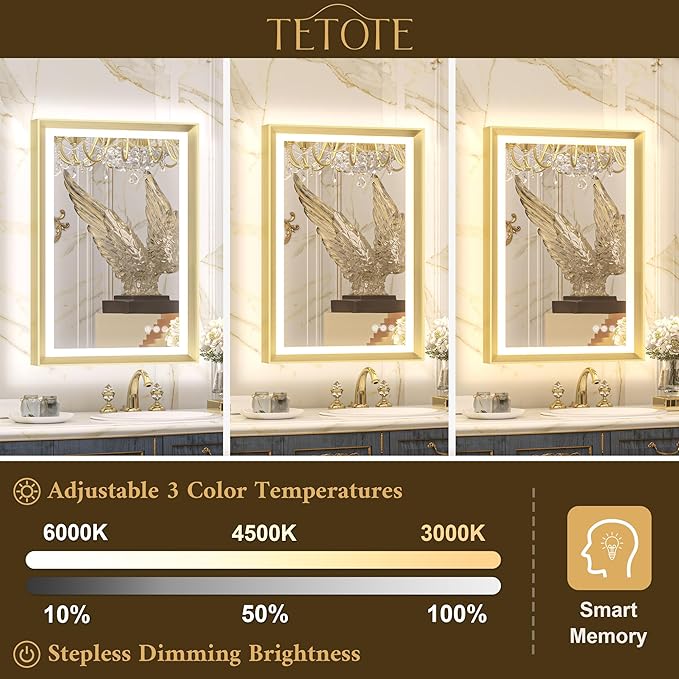 TETOTE Gold LED Mirror for Bathroom 24x32 Metal Frame Frontlit & Backlit Lighted Vanity Mirror Baroque Anti Fog Stepless Dimmable White/Warm/Natural,CRI90+,Wall Mounted(Horizontal/Vertical)
