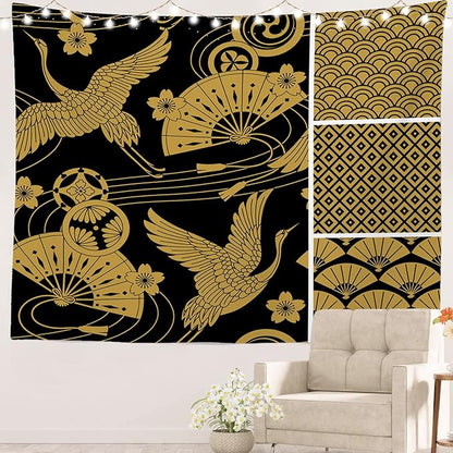 Batmerry Black Oriental Tapestry, Gold Japanese Fan Wall Art Hanging Decoration Polyester Fiber White Ruffled Around for Dorm Room Bedroom Living Room, 39.1x59.1 inches