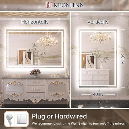 Keonjinn LED Bathroom Mirror 60" x 40" with Frontlit and Backlight, Tempered Glass Stepless 3 Colors Temperature & Dimmable Vanity Mirror, UL Listed LED Driver, Double Lights Anti-Fog Wall Mirror