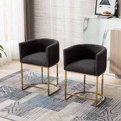 Modern Counter Height Linen Upholstered Bar Stools Set of 3, 24" Kitchen Counter Island Stools Bar Chairs with Gold Metal Frame for Kitchen Island, Charcoal
