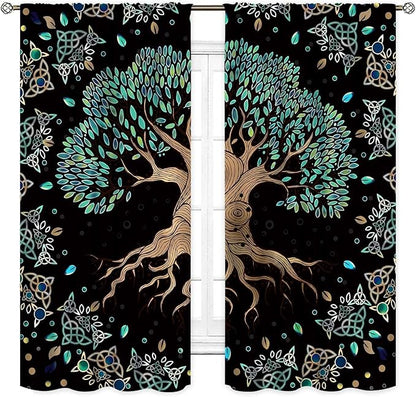 Tree of Life Curtains, Hippie Green Leaves Tree Life Vikings Celtic Nordic Aesthetic Mythology Window Drapery Treatments for Bedroom Living Room Bathroom 2 Panels, 63"x63" Inch
