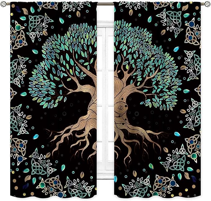 Tree of Life Curtains, Hippie Green Leaves Tree Life Vikings Celtic Nordic Aesthetic Mythology Window Drapery Treatments for Bedroom Living Room Bathroom 2 Panels, 42"x54" Inch