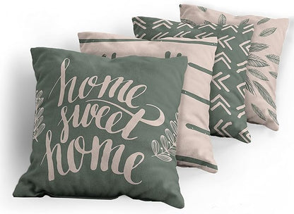 Ambesonne Modern Throw Pillow Cushion Case Pack of 4, Scandinavian Minimal Ornaments Boho Feather Leaves and Home Phrase, Modern Accent Double-Sided Digital Printing, 24", Pale Tan and Reseda Green