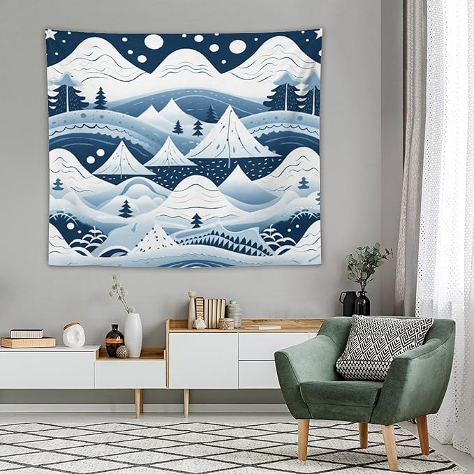 Wall Tapestry Snow Mountain Scandinavian Winter Tapestry Happy New Year Vintage Aesthetic Tapestry Wall Hanging Wall Art for Bedroom Wall Hanging for Room 50"x60" Christmas Family Party