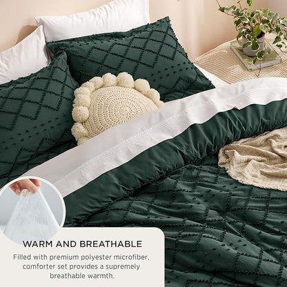 Bedsure Full Comforter Set - Forest Green Comforter, Boho Tufted Shabby Chic Bedding for Kids, 3 Pieces Vintage Farmhouse Bed Set for All Seasons, Fluffy Soft Bedding with 2 Pillow Shams