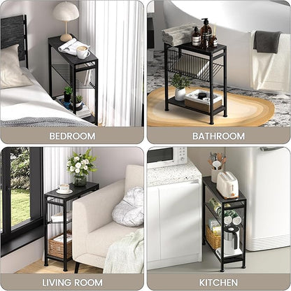 End Table Set of 2 for Small Space, 3-Tier Narrow Side Table with Magazine Holder,Slim Nightstand, Skinny Snack Couch Table in Living Room, Bedroom Study and Balcony (Black)