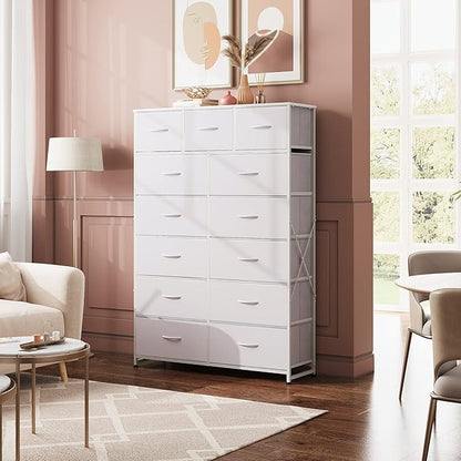 WLIVE Storage Organizer Unit with 13 Fabric Bins, Storage Drawers Organizer with Steel Frame, Tall Storage Tower Organizaton for Living Room, Hallway, Office, White